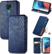 Voor Motorola MOTO E7 Cubic Grid Pressed Horizontal Flip Magnetic PU Leather Case met houder & kaartsleuven & portemonnee (blauw)