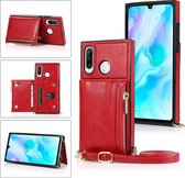 Voor Huawei P30 Lite Vierkante Rits Portemonnee Tas TPU + PU Achterkant Case met Houder & Kaartsleuven & Portemonnee & Cross-body Riem (Rood)