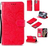 Voor iPhone 12 Pro Max 6.7 Lace Flower horizontale flip lederen tas met houder & kaartsleuven & portemonnee & fotolijst (rood)