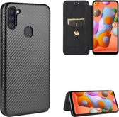 Voor Samsung Galaxy A11 (EU-versie) Koolstofvezeltextuur Magnetisch Horizontaal Flip TPU + PC + PU lederen tas met touw en kaartsleuf (zwart)