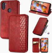 Voor Samsung Galaxy A11 / M11 Cubic Grid Pressed Horizontal Flip Magnetic Leather Case met houder & kaartsleuven & portemonnee (rood)