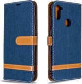 Voor Galaxy A11 Kleuraanpassing Denim Texture Horizontaal Flip Leather Case met houder & kaartsleuven & Wallet & Lanyard (donkerblauw)