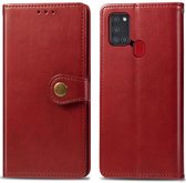 Voor Samsung Galaxy A21S retro effen kleur lederen gesp telefoonhoes met lanyard & fotolijst & kaartsleuf & portemonnee & standaardfunctie (rood)