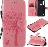 Voor Motorola Moto G8 Power Lite Tree & Cat ReliÃ«fpatroon Horizontale Flip Leren Case met Houder & Kaartsleuven & Portemonnee & Lanyard (Roze)
