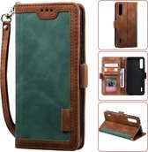 Voor xiaomi mi a3 / cc9 retro splicing horizontale flip lederen case met kaartsleuven & houder & portemonnee (groen)