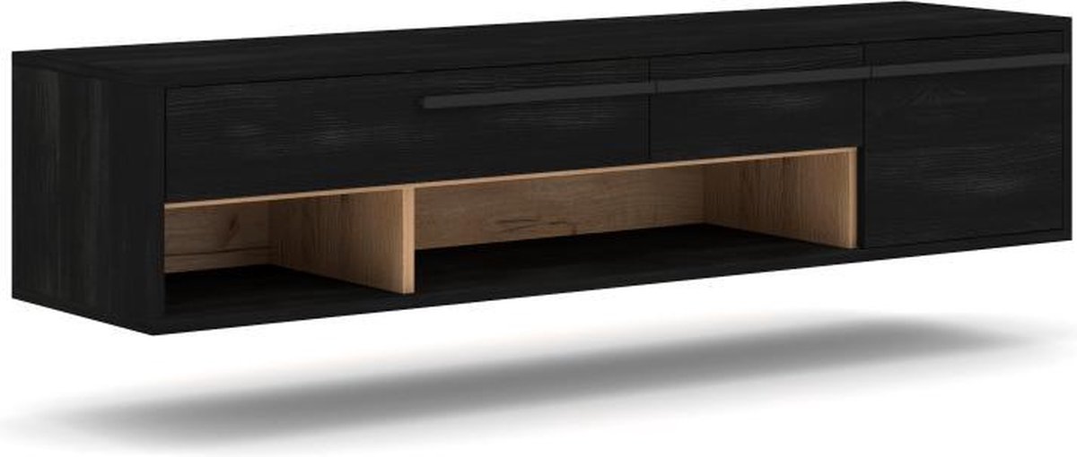 Zwevend TV meubel Northwood Black 140 cm – Zwart Hangend TV Meubel Met Eiken Details – Zwarte TV Kast - Merkloos