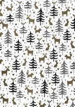 Kerst cadeaupapier met Rendieren en Bomen Wit Goud- Breedte 70 cm - 200m lang