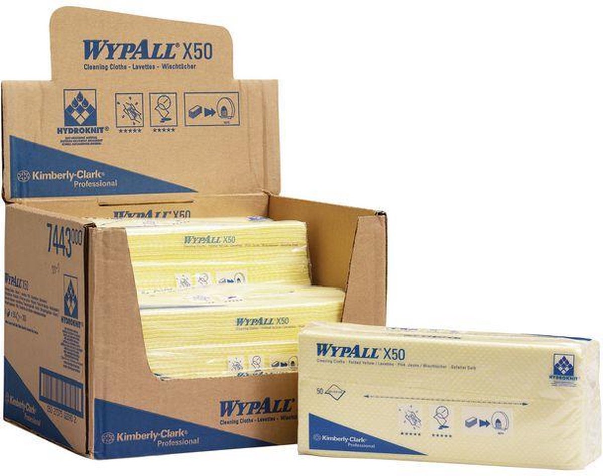 WypAll X50 Poetsdoeken Geel – 6 x 50 Stuks – Hydroknit Reinigingsdoeken – Interfold – Sterk Absorberend – Voedselveilig -