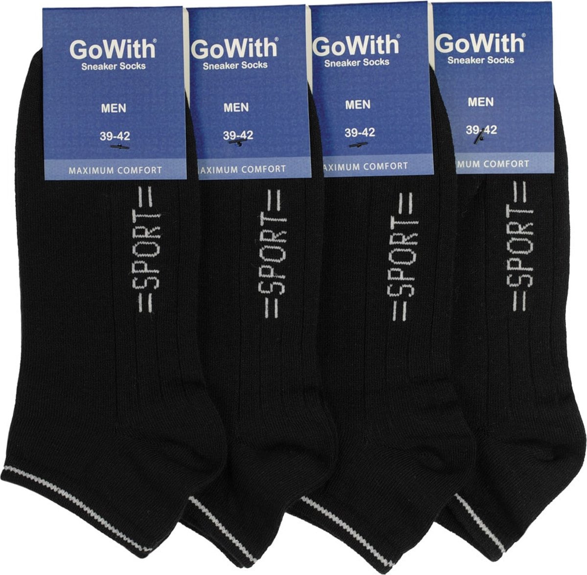 GoWith - katoen sokken - sportsokken - 4 paar - enkelsokken - sneaker sokken - heren sokken - kleur zwart - maat 43 - 46