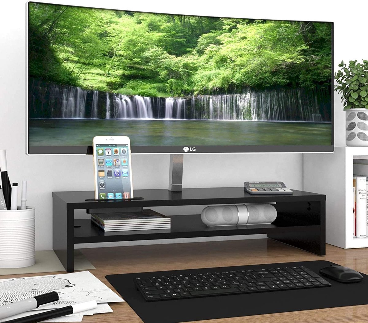 HAN 9250-13, MONITOR STAND, professionele monitorstandaard met 1 lade, stabiel, chique en stapelbaar, zwart