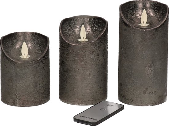 Set de 3 bougies piliers LED anthracite avec télécommande - Décoration d'intérieur - Bougies LED - Bougies électriques