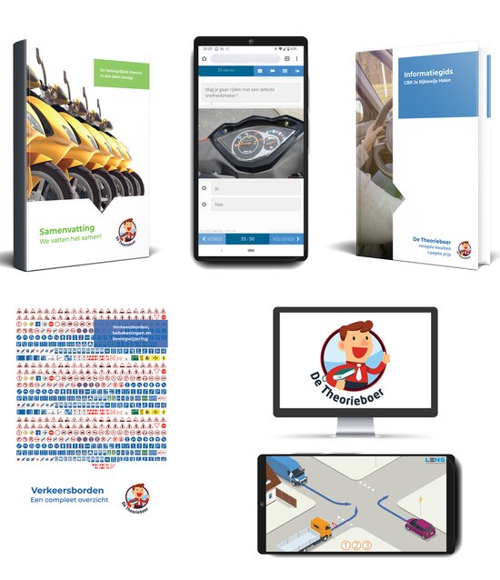Montage van studiemateriaal, waaronder een theorieboek met scooters, een mobiele app en een CBR praktijkgids.