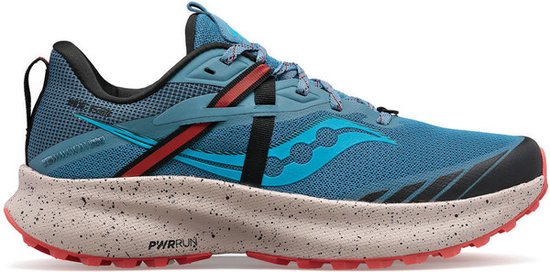 Blauwe Saucony hardloopschoen met gespikkelde beige PWRRUN-tussenzool en rode accenten op de zijkant en zool.