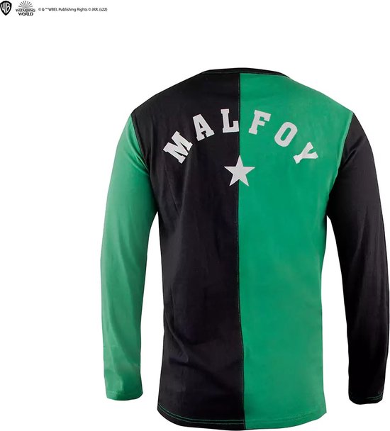 T-shirt à manches longues bicolore noir et vert, avec le texte blanc 'Malfoy' et une étoile dans le dos.