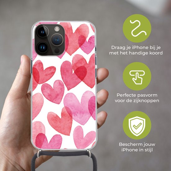 Étui de téléphone adapté à Apple Iphone 14 Pro Max - Une illustration avec des cœurs aquarellés - Siliconen - Bandoulière - Coque arrière avec cordon - Étui de téléphone avec cordon - Étui avec corde