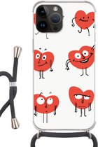 Geschikt voorApple Iphone 14 Pro Max - Crossbody Case - Een illustratie van negen hartjes met emoties - Siliconen - Crossbody - Backcover met Koord - Telefoonhoesje met koord - Hoesje met touw