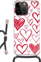 Geschikt voorApple Iphone 14 Pro - Crossbody Case - Een illustratie met verschillende hartjes op een witte achtergrond - Siliconen - Crossbody - Backcover met Koord - Telefoonhoesje met koord - Hoesje met touw