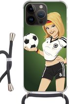 Geschikt voorApple Iphone 14 Pro - Crossbody Case - Een illustratie van een meisje met Duitse kleding en een voetbal - Meiden - Meisjes - Kinderen - Siliconen - Crossbody - Backcover met Koord - Telefoonhoesje met koord - Hoesje met touw