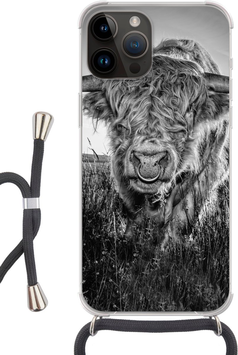 Telefoonhoesje Geschikt voor Apple Iphone 14 Pro Max - Schotse Hooglander - Zwart - Wit - Siliconen - Crossbody - Backcover met Koord - Telefoonhoesje met koord - Hoesje met touw Telefoonhoesje