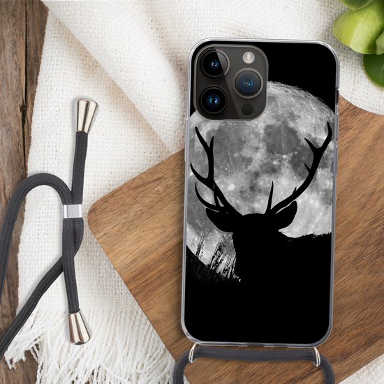 Étui de téléphone adapté à Apple Iphone 14 Pro Max - Cerf - Lune - Nuit - Siliconen - Bandoulière - Coque arrière avec cordon - Étui de téléphone avec cordon - Étui avec corde