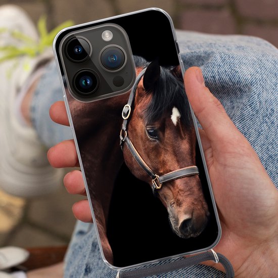 Étui de téléphone compatible avec Apple iPhone 14 Pro - Motif cheval - Léger - Licol - Siliconen - Bandoulière - Coque arrière avec cordon - Étui de téléphone avec cordon - Étui de téléphone avec corde