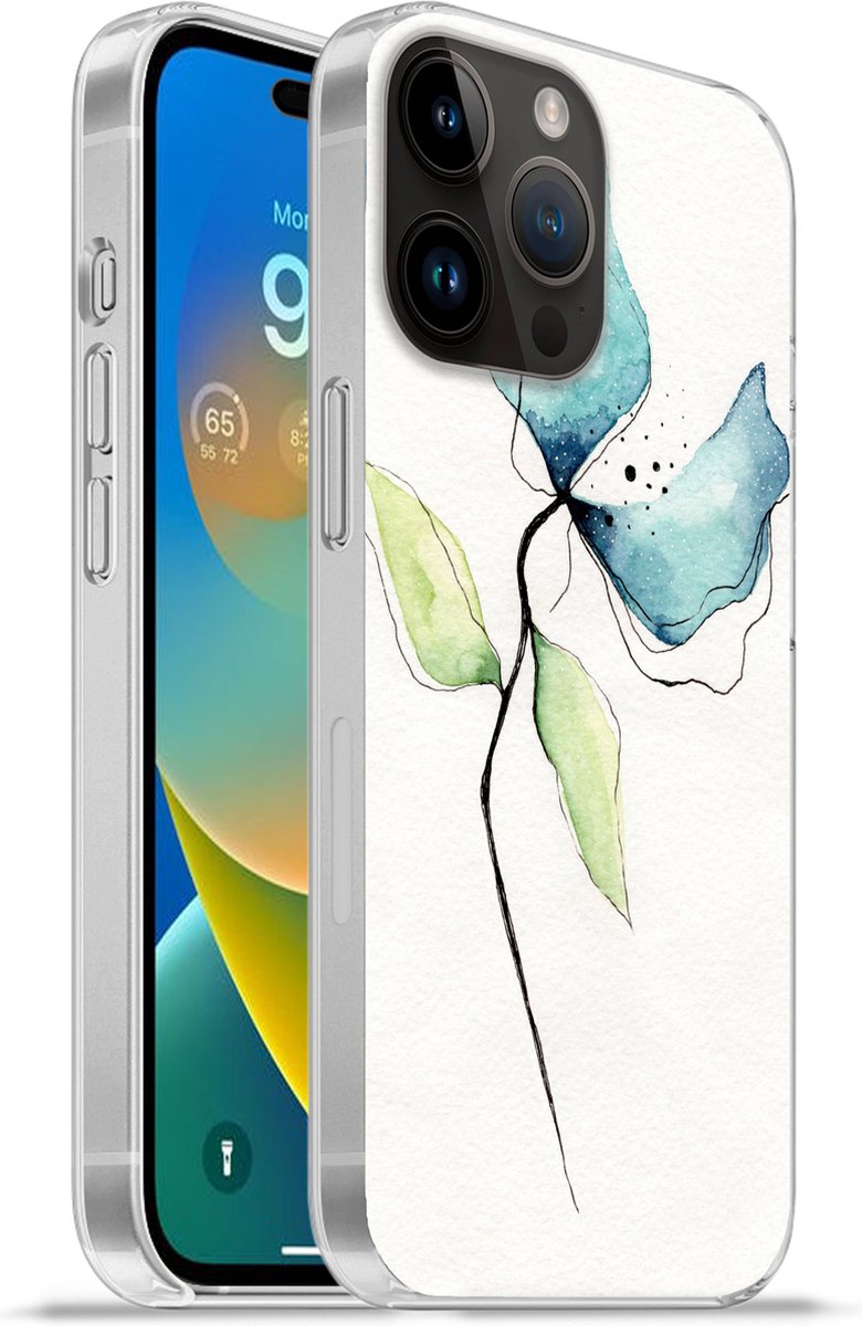 Telefoonhoesje Geschikt voor Apple Iphone 14 Pro hoesje - Bloemen - Waterverf - Blauw - Siliconen Telefoonhoesje Telefoonhoesje