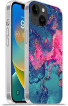 Telefoonhoesje Geschikt voorApple Iphone 14 hoesje - Marmer print - Verf - Roze - Blauw - Siliconen Telefoonhoesje