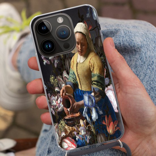 Telefoonhoesje Geschikt voor Apple Iphone 14 Pro - Melkmeisje - Bloemen - Regenboog - Siliconen - Crossbody - Backcover met Koord - Telefoonhoesje met koord - Hoesje met touw Telefoonhoesje