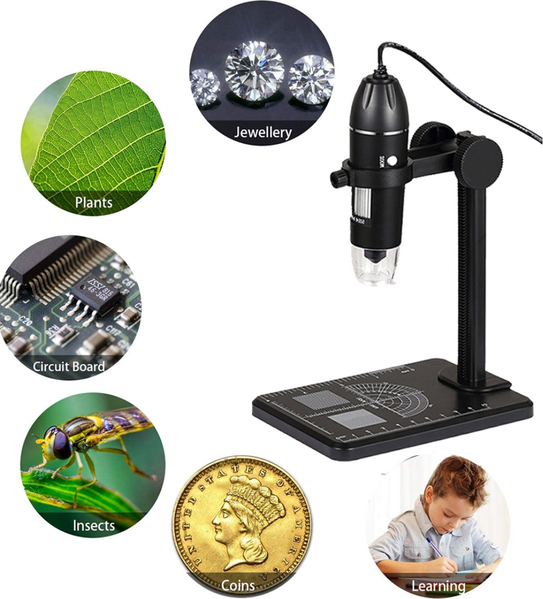 PiProducts Microscoop - Digitale Microscoop - 1600X Zoom - Met 8x Led lichten - Elektronische Digitale Usb Microscoop- Zwart
