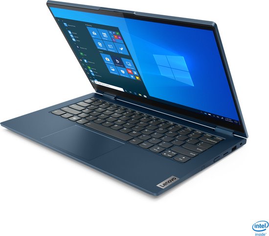 Blauwe Lenovo ThinkBook laptop, open en schuin van voren bekeken, met een scherm dat Windows-tegels toont. Met 'Intel inside'-logo.