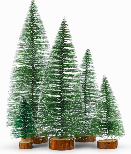 5 Stuks - Mini Frosted Denne bomen - Met Houten Basis - Mini Kunststof  Kerstboom - ... | bol.com