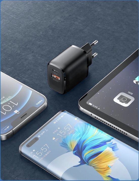 DrPhone HALO-N2 - 20W Oplader met USB-C PD + QC 3.0 USB Lader - 80% - 35 minuten - Stekker Voor Smartphone / Tablet - Zwart van DrPhone — afbeelding 4