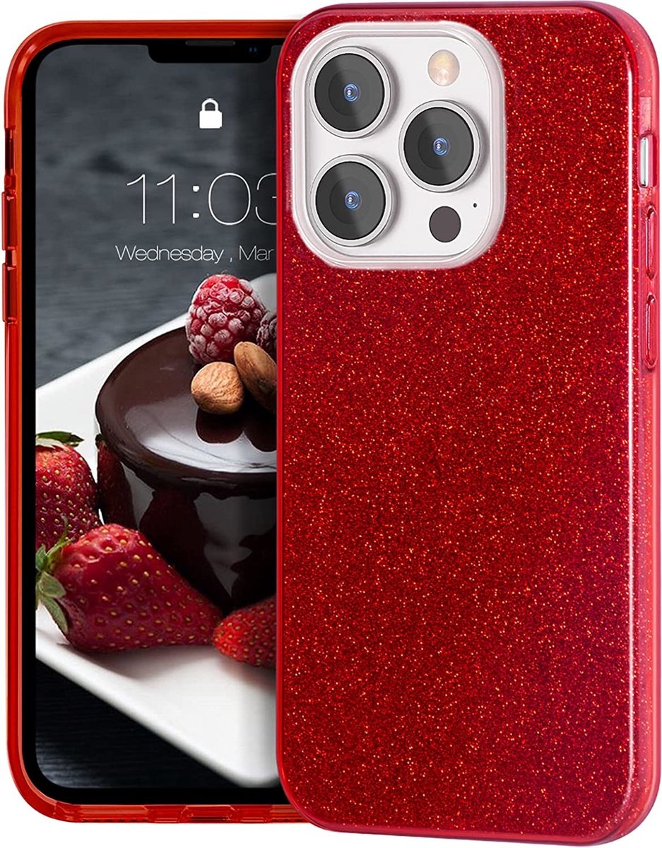 Hoesje Geschikt voor iPhone 14 Pro Glitter Siliconen backcover – Rood
