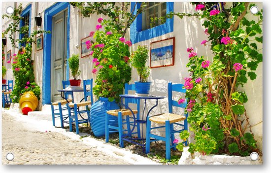 Traditioneel Griekenland - taverna's op straat - Tuinposter 160x100 - Wanddecoratie - Bloemen