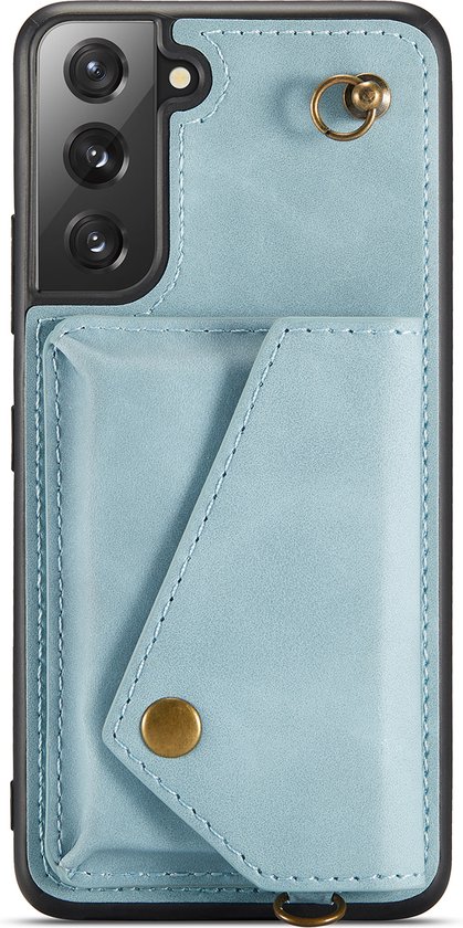 Coque de téléphone bleu clair avec un élément portefeuille à bouton-pression à l'arrière.