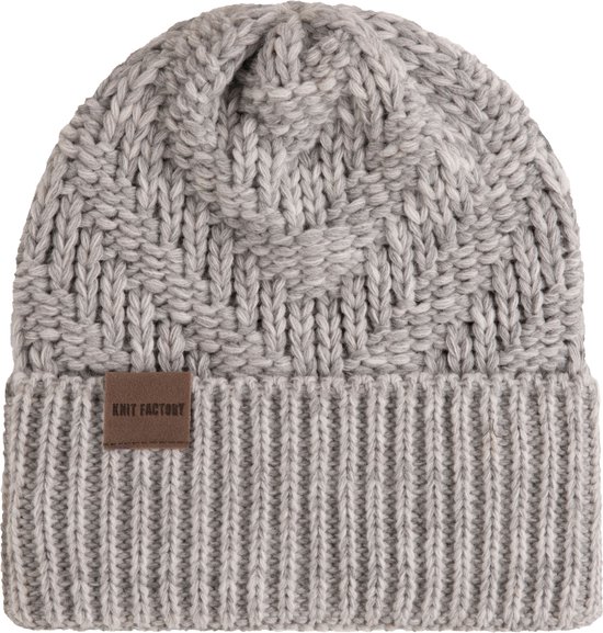 Knit Factory Sally Gebreide Muts Heren & Dames - Beanie hat - Licht Grijs/Beige - Grofgebreid - Warme grijs gemeleerde Wintermuts - Unisex - One Size