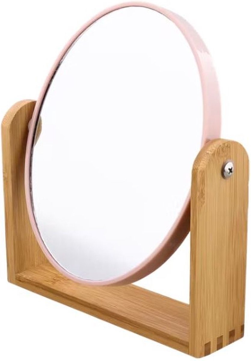 Spiegel met bamboe basis - Roze -  Kunststof - Glas - Bamboe - 18 x 21 cm