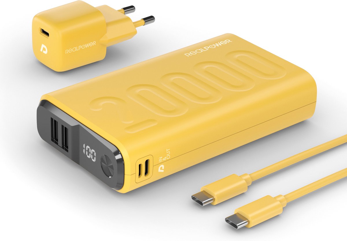 RealPower PB-20000 PD+ Powerpack - compacte 20.000 mAh powerbank - 1 x USB-C PD fast charge 2 x USB-A - nano USB-C PD 20W wandlader - USB-C naar USB-C kabel - Geel