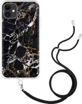 iPhone 11 Hoesje met Koord Zwart Goud Marmer - Designed by Cazy