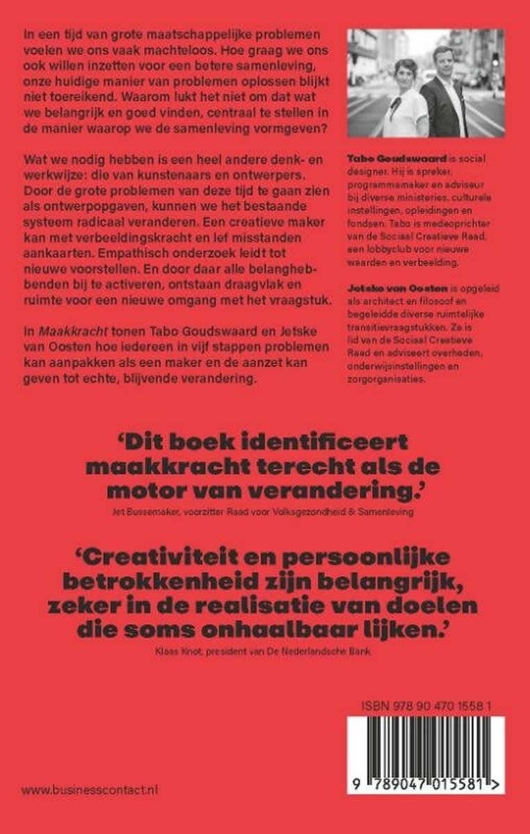Achterkant van een boek met de tekst 'Maakkracht' en citaten van Jette Bussemaker en Klöos Knot. Een foto van de auteurs is zichtbaar.