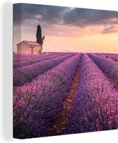 OneMillionCanvasses - Canvas schilderij - Lavendel - Schuur - Bloemen - Zonsondergang - Canvas natuur - Foto op canvas - 20x20 cm - Muurdecoratie - Slaapkamer