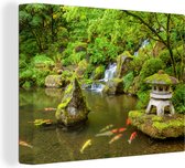 OneMillionCanvasses - Canvas schilderij - Waterval - Koi - Japanse lantaarn - Mos - Water - Natuur - Schilderijen op canvas - 120x90 cm - Canvasdoek - Muurdecoratie - Woonkamer