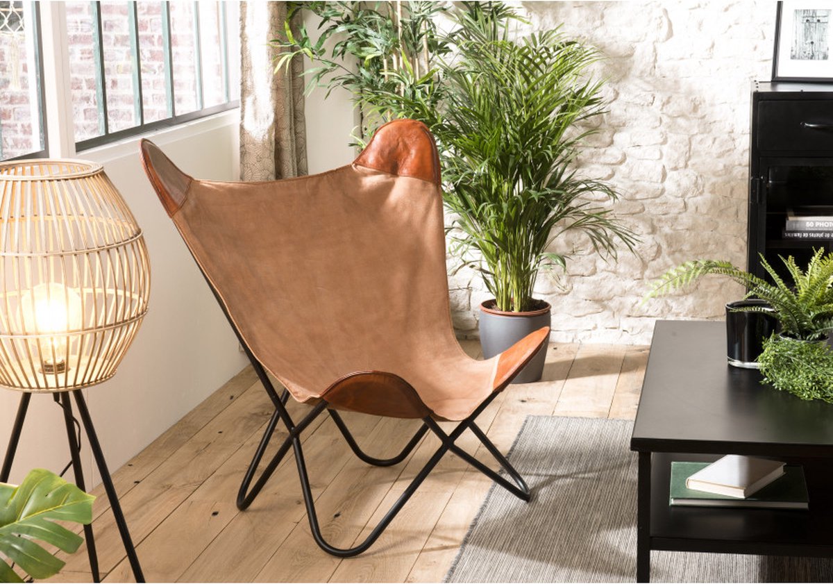 Macabane ROBIN Vlinderstoel in doek en leder 93x70x92cm