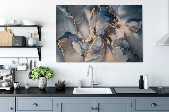 Toile Peinture Marbre - Grijs - Blauw - Luxe - Or - 120x80 cm - Décoration murale