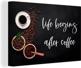 Canvas schilderij 180x120 cm - Wanddecoratie Quotes - Spreuken - Life begins after coffee - Koffie - Muurdecoratie woonkamer - Slaapkamer decoratie - Kamer accessoires - Schilderijen