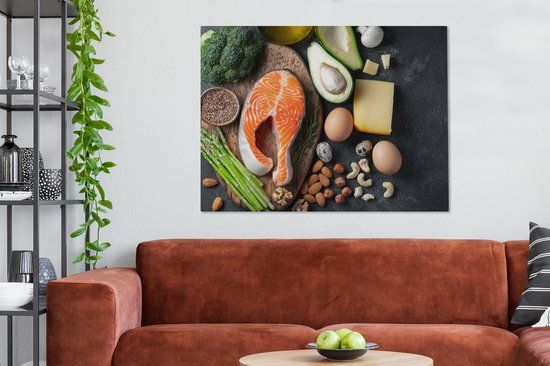 Toile Peinture Viande - Oeufs - Fruits - Fromage - Herbes - 120x90 cm - Décoration murale