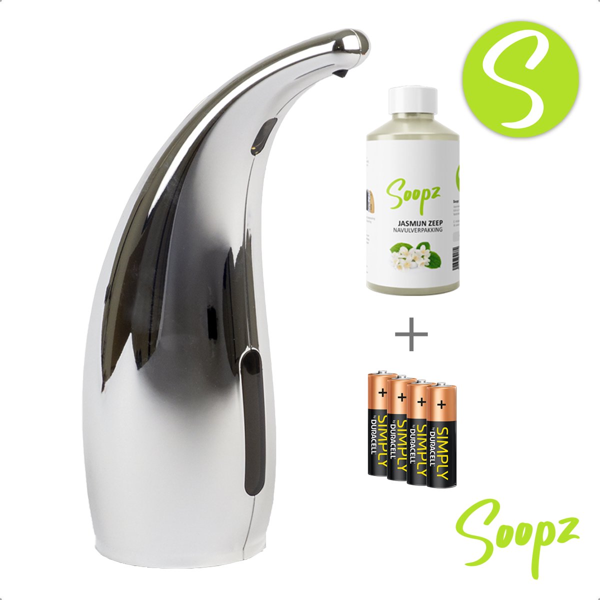 Soopz Silver Shine Classic met navulzeep & batterijen Automatische zeepdispenser met Jasmijn Zeep No touch sensor Zilver Chrome 300ml – Zeeppompje