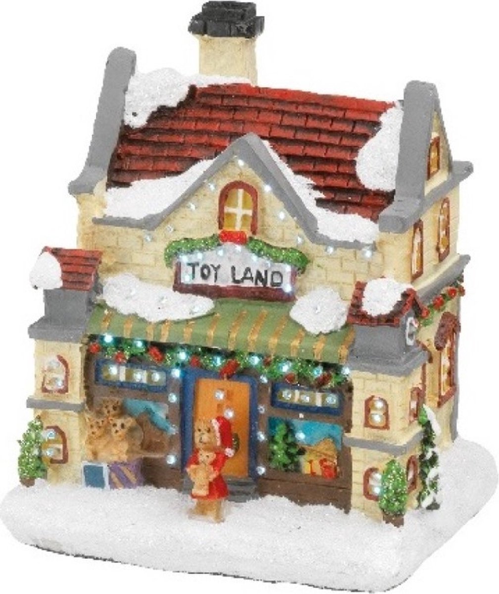 Set van 2x stuks Kerstdorp kersthuisjes bakkerij en speelgoedwinkel met verlichting 12,5 cm - Kerstversiering/kerstdecoratie – foto 3