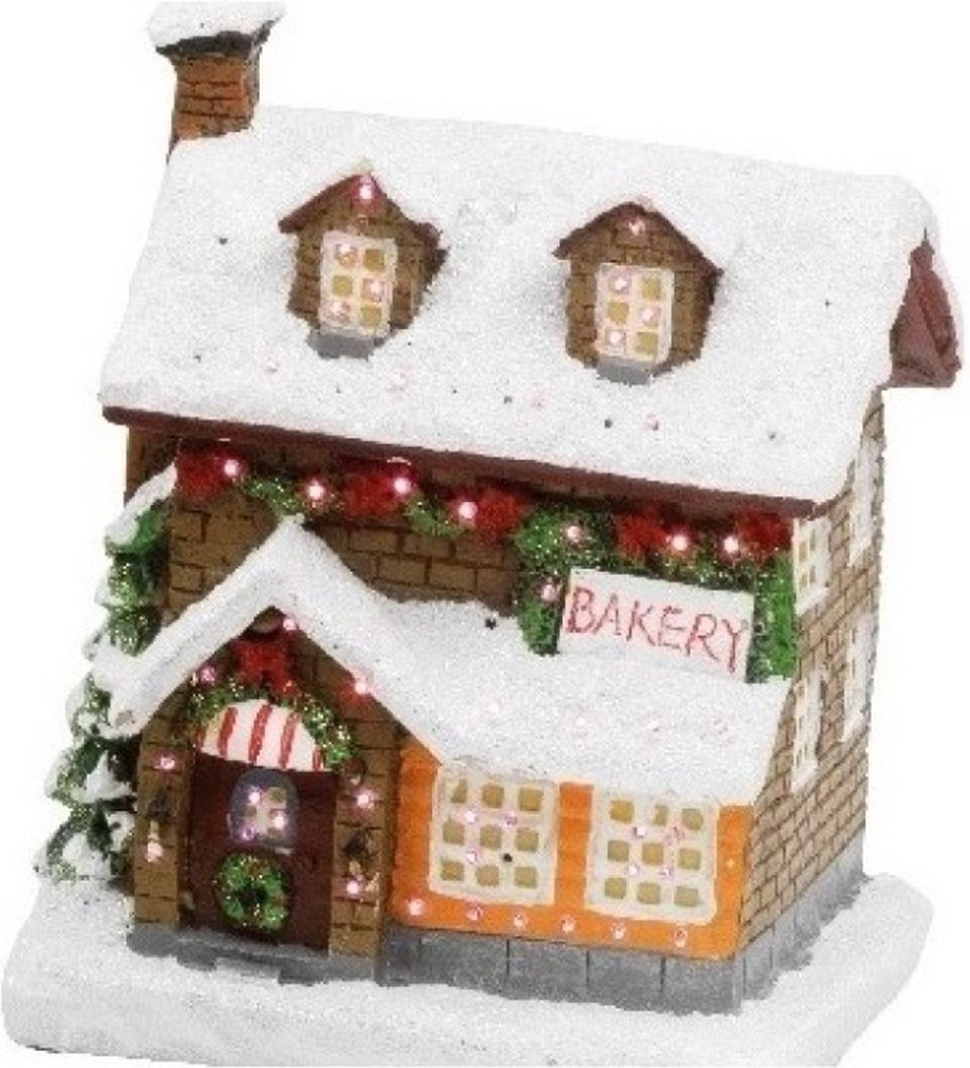 Set van 2x stuks Kerstdorp kersthuisjes bakkerij en speelgoedwinkel met verlichting 12,5 cm - Kerstversiering/kerstdecoratie – foto 2