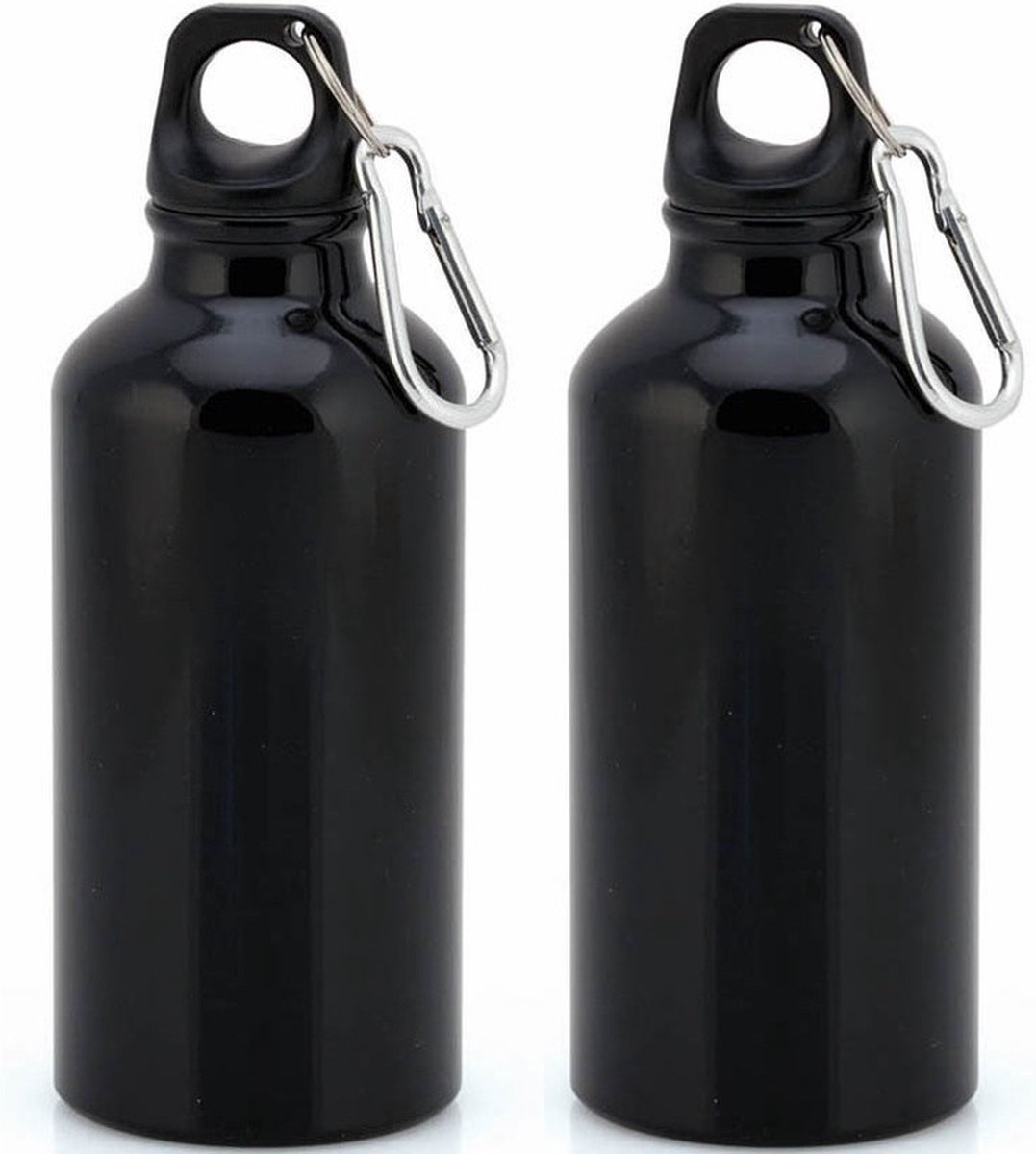 2x Stuks aluminium waterfles/drinkfles zwart met schroefdop en karabijnhaak 400 ml - Sportfles - Bidon